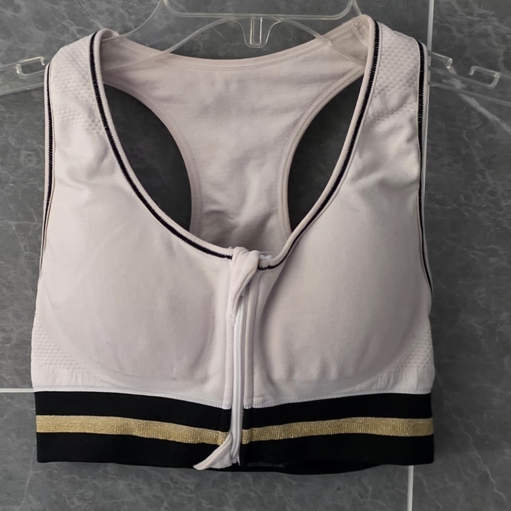 Primark Black White Gold Stripe Band Racerback Zip Front Sports Bra Size Small